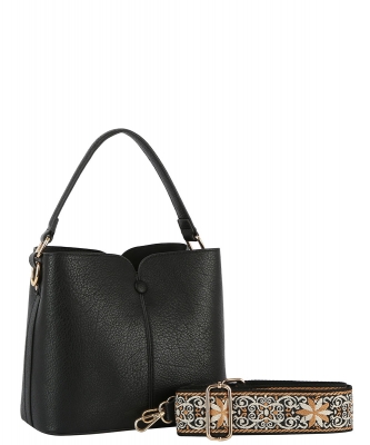 Fashion Bucket Satchel Bag with Guitar Strap GL-0149-M BLACK